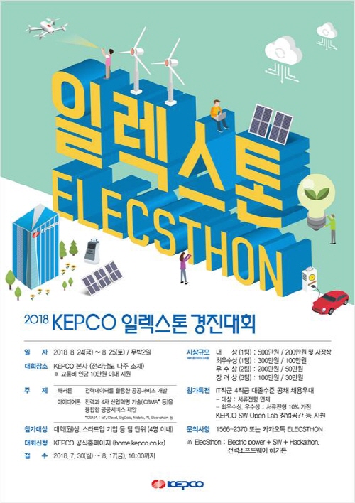 한국전력공사(KEPCO)는 정보통신기술(ICT) 분야 KEPCO Kids 발굴 및 소프트웨어(SW)스타트업 육성 목적으로 '2018 KEPCO 일렉스톤 경진대회'를 오는 8월 24일부터 25일까지 전남 나주시 본사에서 개최한다고 30일 밝혔다. 2018 KEPCO 일렉스톤 경진대회 공식포스터. (사진=한국전력공사)