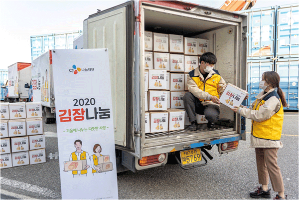 CJ그룹 직원들이 전국 지역아동센터에 나눠줄 완제품 김치를 차량에 싣고 있다. (사진=CJ제일제당) 