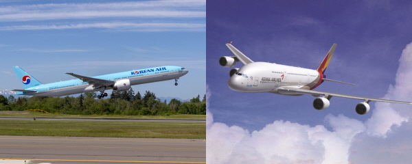 대한항공(사진 왼쪽)과 아시아나항공 항공기. (사진=각 사)
