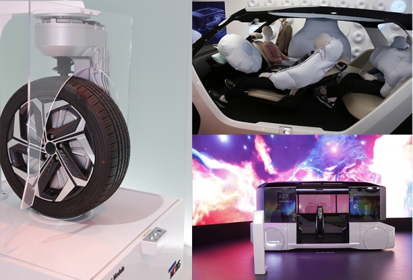 서울모빌리티쇼에 참가하고 있는 현대모비스가 출품한 e-코너모듈, 신개념 에어백, 엠비전X (사진= 권진욱 기자)