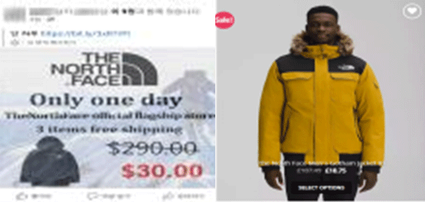노스페이스 사칭 해외 온라인쇼핑몰에선 SNS를 통해 할인 광고를 노출(왼쪽)하거나 브랜드 공식 홈페이지의 상품 사진을 도용(오른쪽)하는 방식으로 소비자를 유인한다. (사진=한국소비자원) 