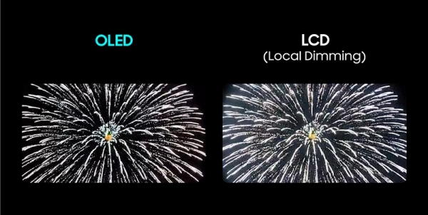 삼성 노트북용 OLED(왼쪽)과 로컬디밍 LCD 빛 번짐 현상 비교 이미지. (사진=삼성디스플레이)