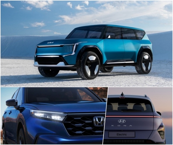 2023년 계묘년 신차들이 대거 출시된다. 기아 EV9(시계방향 위쪽부터), 현대차 코나, 혼다 CR-V 차량. (사진=각 사)