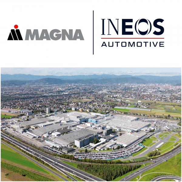 이네오스 오토모티브는 업계를 선도하는 자동차 위탁 생산 업체인 마그나 슈타이어와 함께 새로운 4X4 EV를 개발한다고 발표했다. 이네오스 로고와 마그나슈타이어 공장 전경. (사진=이네오스)