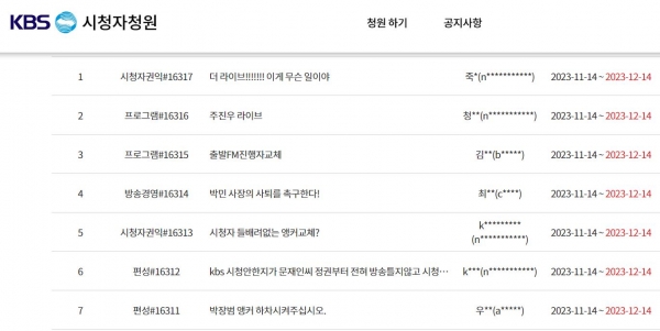 14일 KBS 시청자 청원 게시판에 시청자들의 의견이 올라오고 있다. (사진=KBS 홈페이지 캡처)