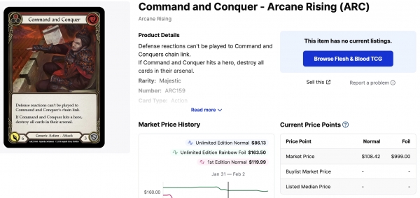 고성능 범용카드 'Command and Conquer' 이미지. 일반 가격 108.42달러, 높은 희귀도의 포일 카드는 999달러(약 133만원)의 가격을 형성하고 있다. (사진=TCGplayer)
