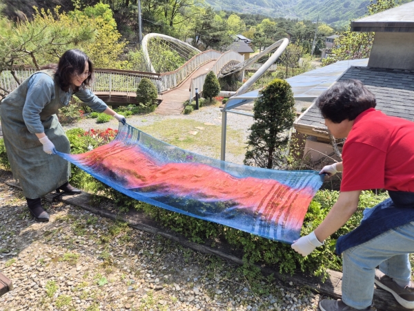 (왼쪽) 선생님이 수강생이 배워 만든 천연염색 스카프를 말리는 것을 도와주고 있다. (사진=김무종 기자)