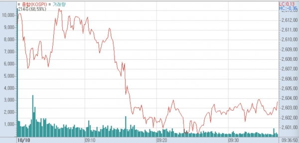 10일 오전 9시 13분 현재 코스피 지수는 전일보다 16.76p(0.65%) 오른 2611.12에 거래되고 있다.