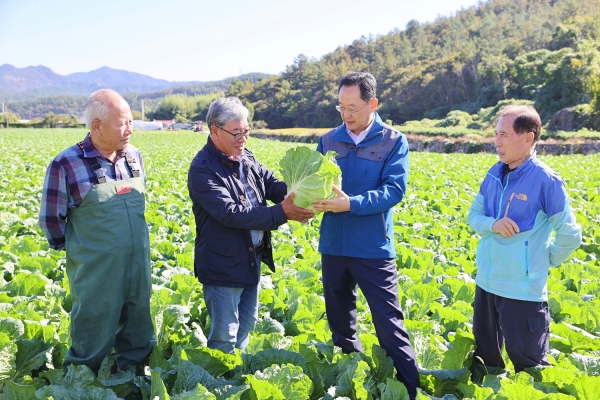 명현관 해남군수가 24일 마산면 배추 재배 농가 현장을 찾아 생육상황을 점검했다. (사진=해남군)